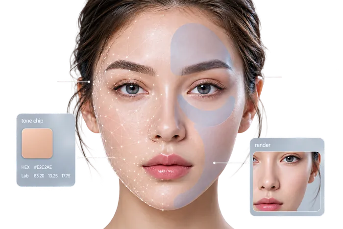 A face with a landmark mesh, a skin mask, a tone chip and a render crop