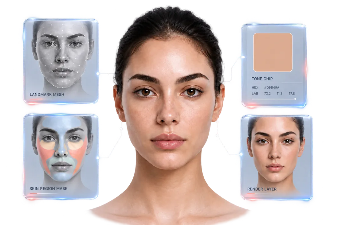 A face photo shown with analysis and try-on overlays